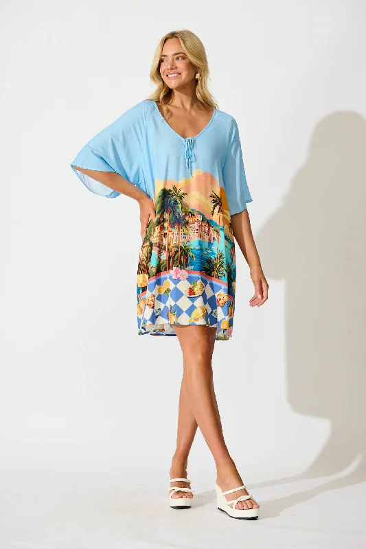 Marla Smock Dress In Light Blue with Multi Tropical Print