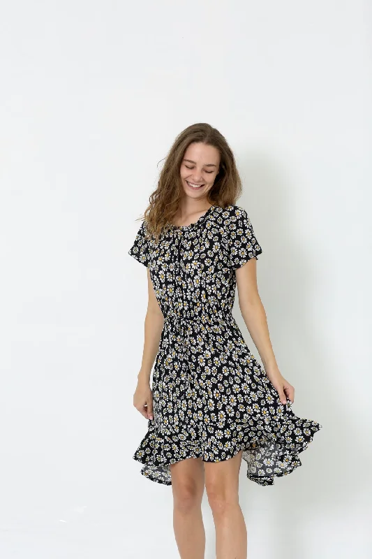 SS RUFFLE HEM ELASTIC WAIST HI LOW PEASANT DRESS - D9018