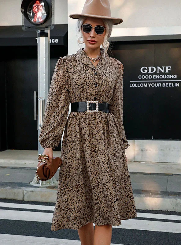 LEOPARD PRINT LONG SLEEVE BUTTON LAPEL DRESS