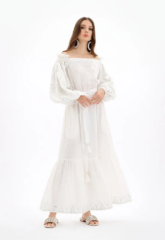Choice Off Shoulder Maxi Embroidered Dress With Self-Fabric Belt-Ramadan Style Off White