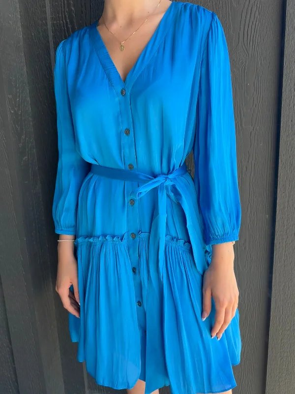 V-Neck 3Q Sleeve Midi Button Down Dress with Ruffled Detail on Skirt