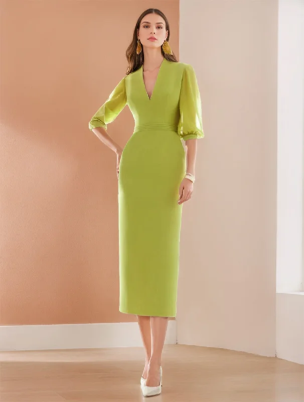 Minimalist Sheath/Column V-Neck Tea-Length Chiffon Cocktail Dresses with Ruches & Pocket