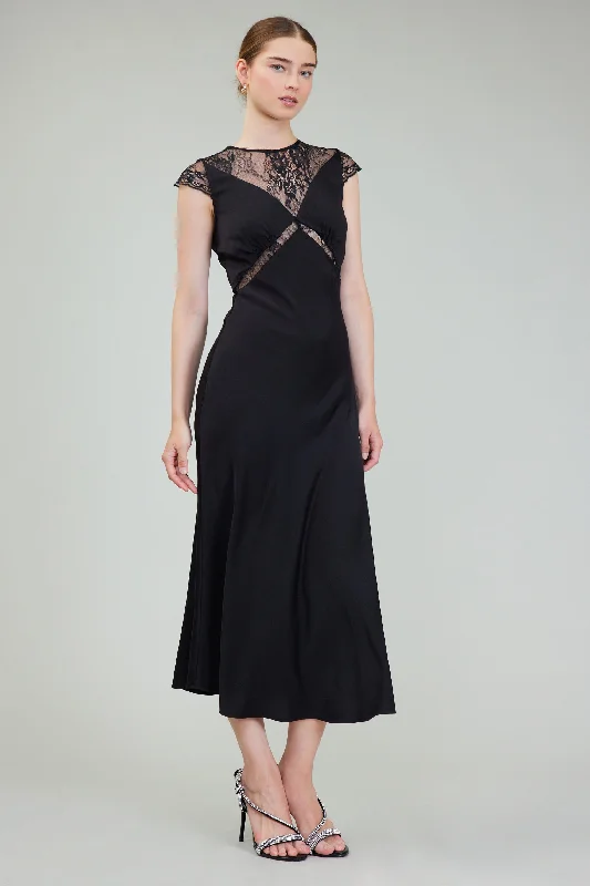 Cap Sleeve Long Dress With Back Closure & Lace Trim Detail on Front & Sleeve