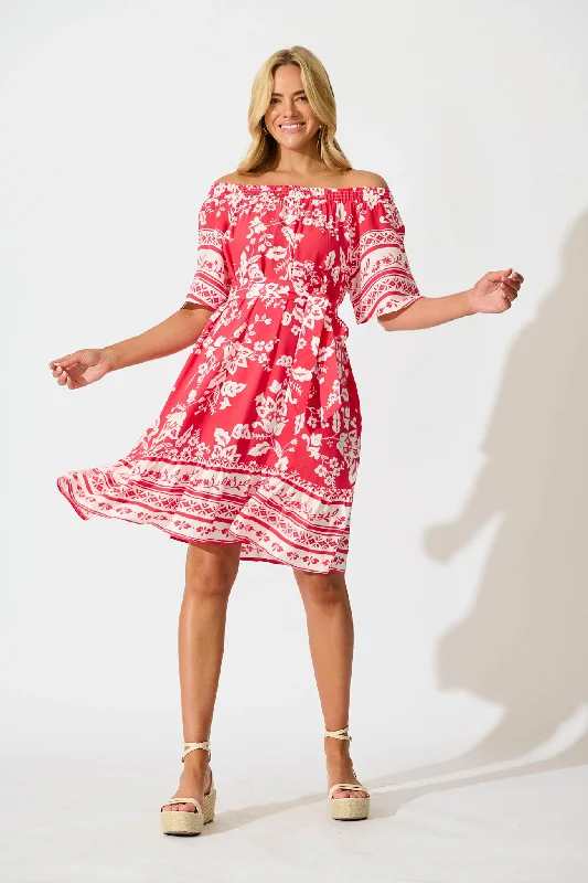 Janna Dress in Raspberry with White Border Print