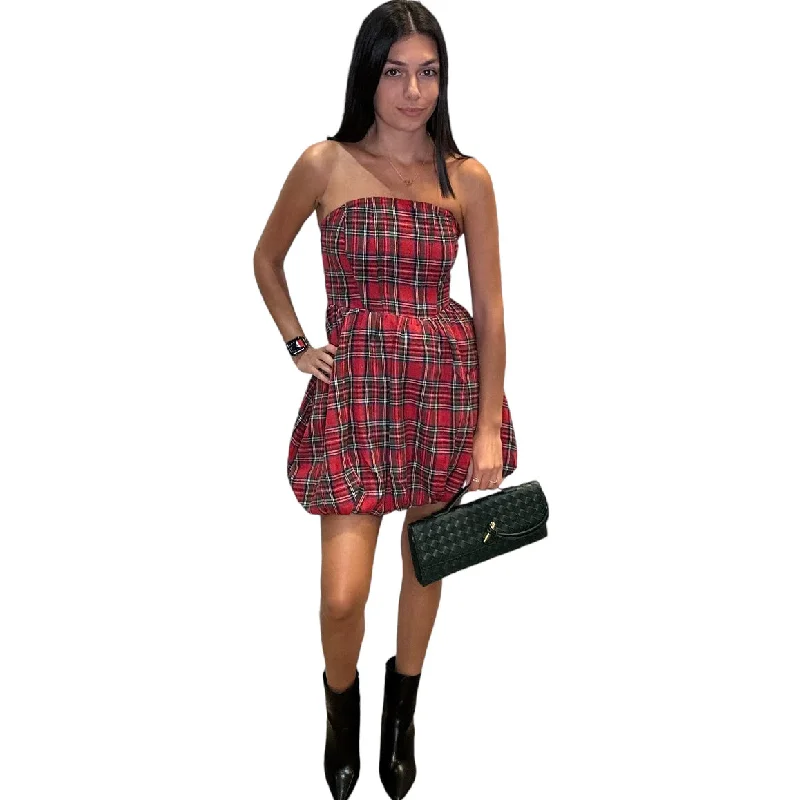 Strapless Holiday Plaid Bubble Dress - Red
