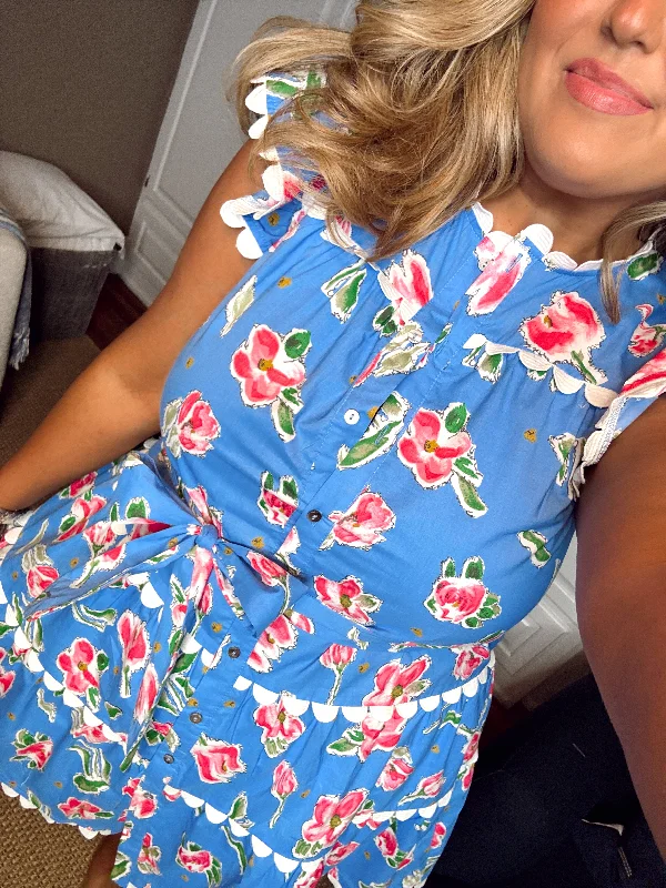 Entro Blue Floral Ric Rac Trim Tie Dress