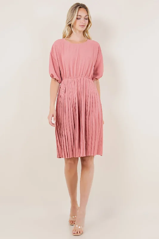 BALLOON ELB SLEEVE PLEATED DRESS - D3554-MAUVE