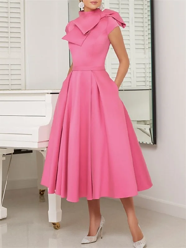 A-Line/Princess High Neck Short Sleeves Tea-Length Cocktail Dresses