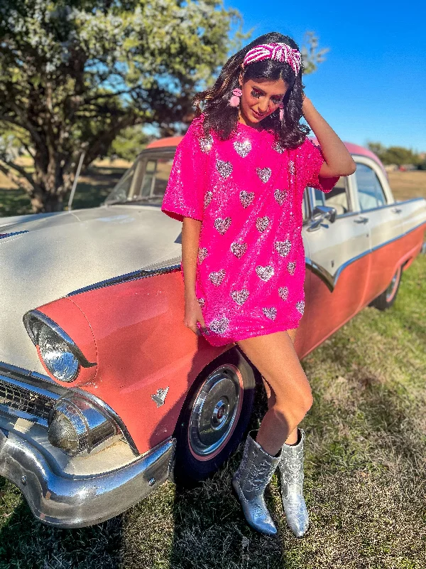 Lover Heart Sequin T Dress - Hot Pink