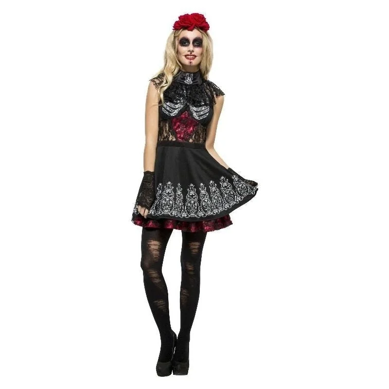 Fever Day of the Dead Costume Adult Black Dress Attached Underskirt Rose Headband