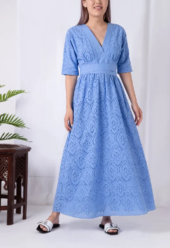 Choice V-Neck Schiffli Long Dress Blue