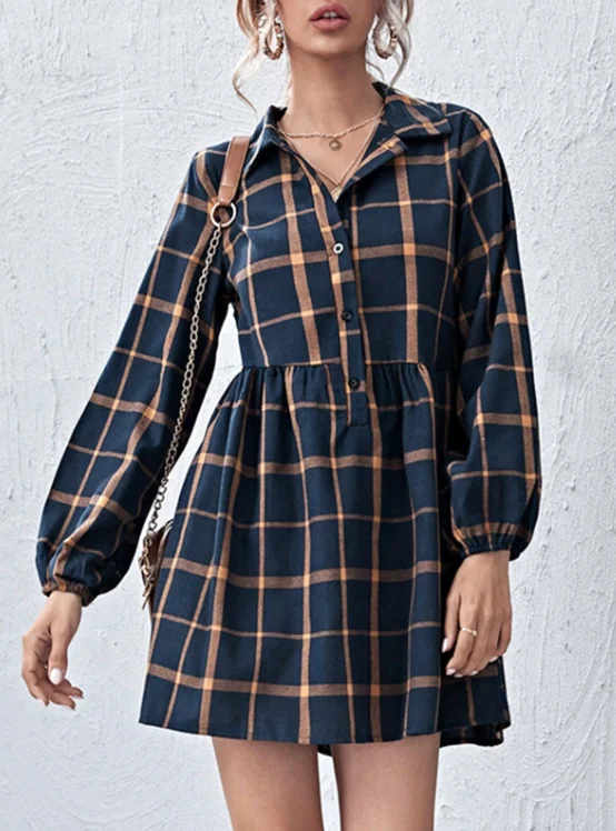 Navy V Neck Plaid Prints Buttons Casual Sweet Dress for Women