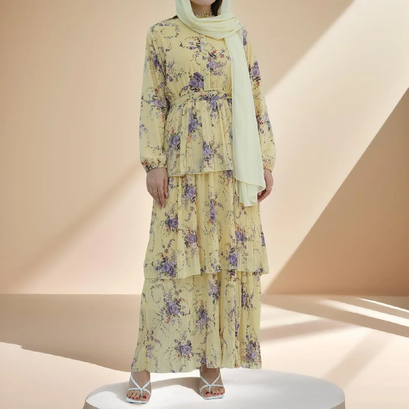 Blooming Breeze three-layer yellow chiffon dress