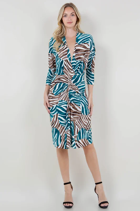 3/4 SLV WRAP V NK RUCHED FITTED DRESS - D3542-0651-4