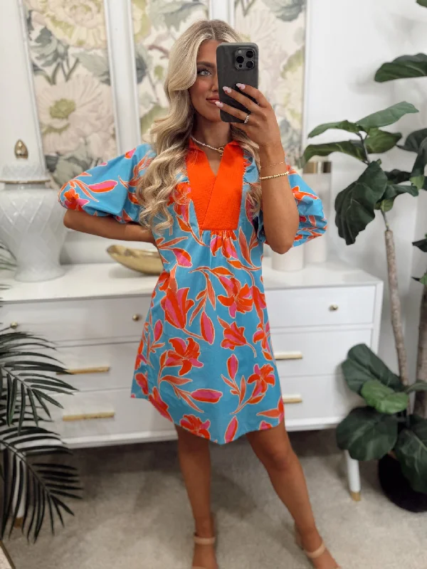 Blue Puff Sleeve Flower Print Dress