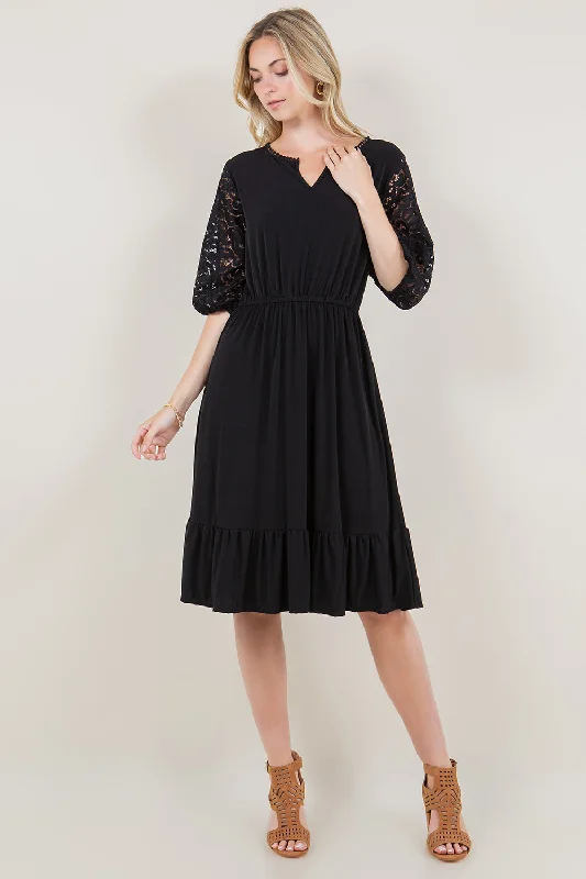 ELBOW SLEEVE POM POM NECK RUFFLE HEM DRESS - D3382-MALIBU