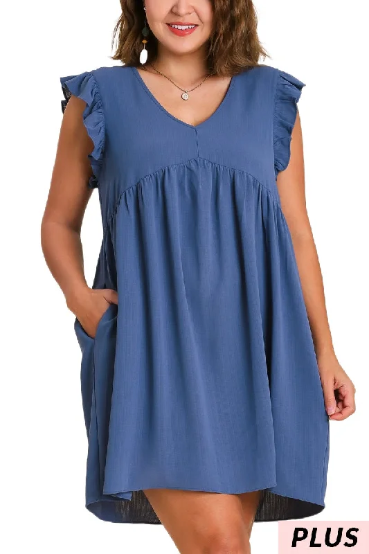 Blue Ruffle Sleeve Pocket Dress PLUS