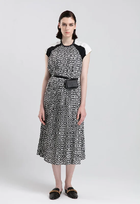Choice Pleated Drawstring Gathered Back Waist Dress Black-White Checks