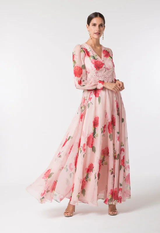 Choice Elegant Floral Chiffon Dress Pinkish Floral