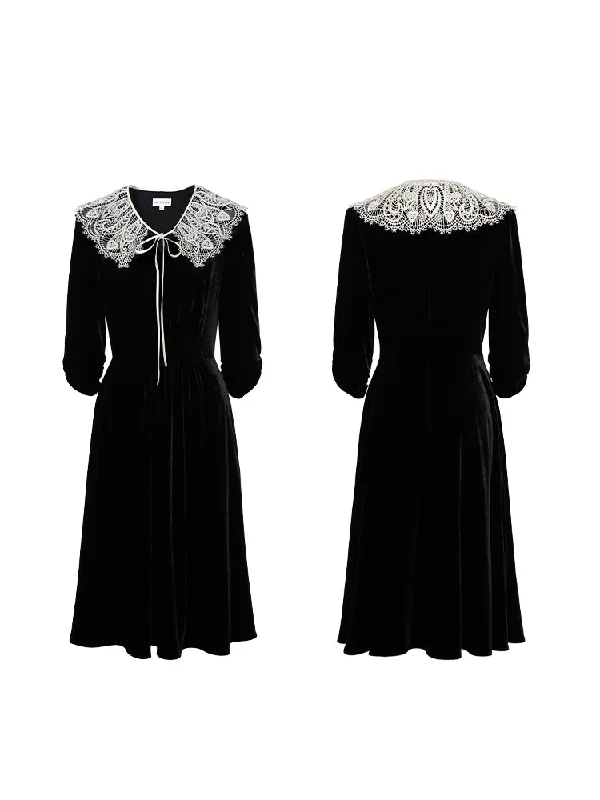 EP YAYING Lace Collar Velvet Knee Length Dress