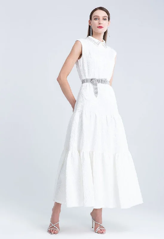Choice Jacquard Crystal Embellished Sleeveless Tiered Dress Off White