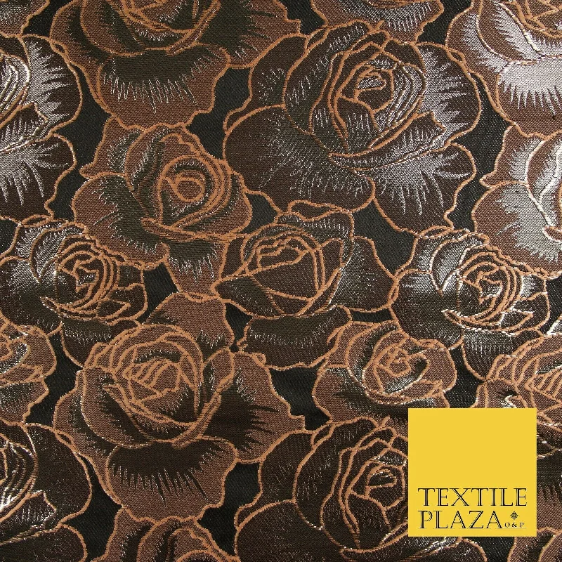 Black Peach Outline Floral Roses Textured Brocade Jacquard Dress Fabric 6783