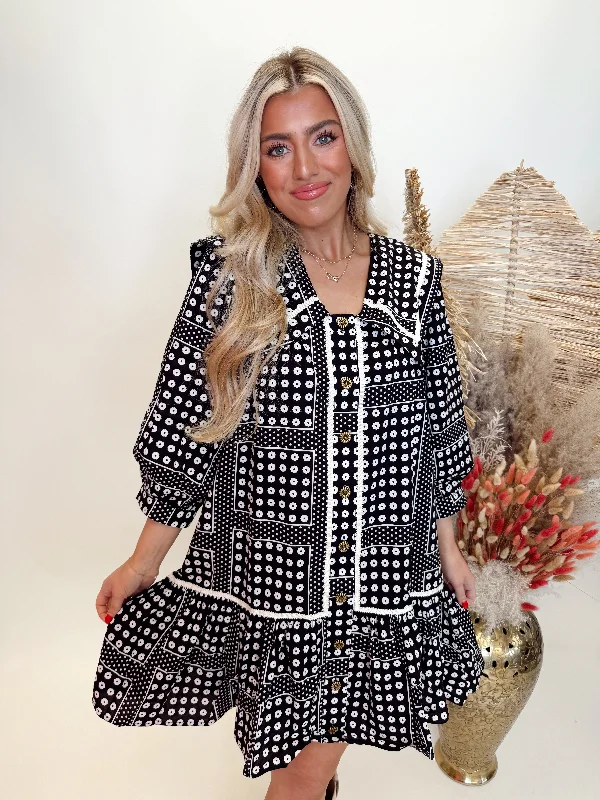 Black Floral Oversized Collared Poplin Dress