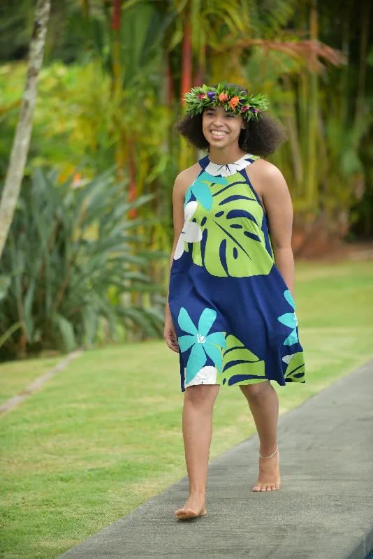 Cora Spearman Hawaii WOMENS Mod Aloha Navy Halter Neck Sheath Dress