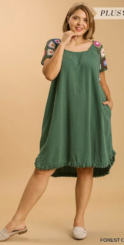 Green Linen Dress with Crocheted Sleeves