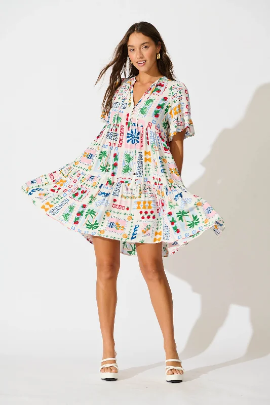 Northcote Smock Dress In White Multi Print