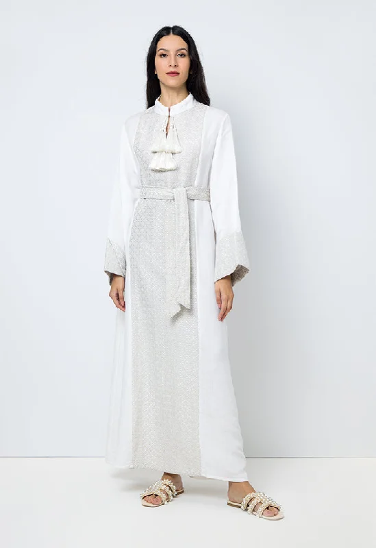 Choice Embroidered Print Dress With Tassel Offwhite