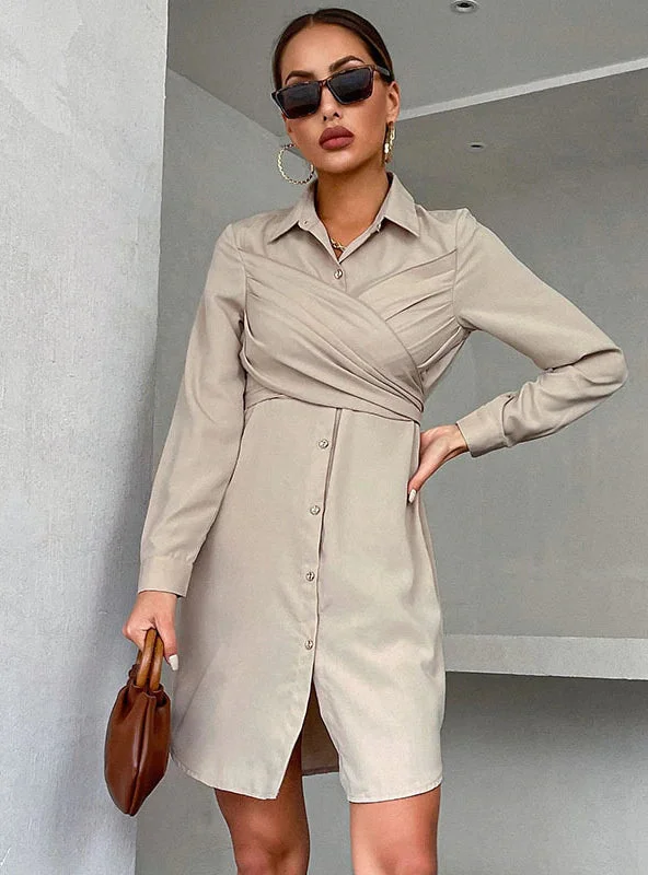 Long Sleeve Lapels Dress with Wrap Detail