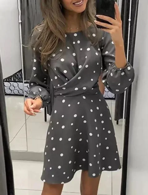 Polka Dot Printed Women's Dress with O-neck and Long Sleeves