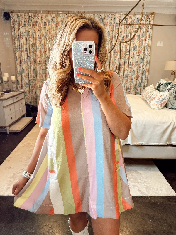 Entro Lime Mocha Multicolor Striped Round Neck Mini Swing Dress