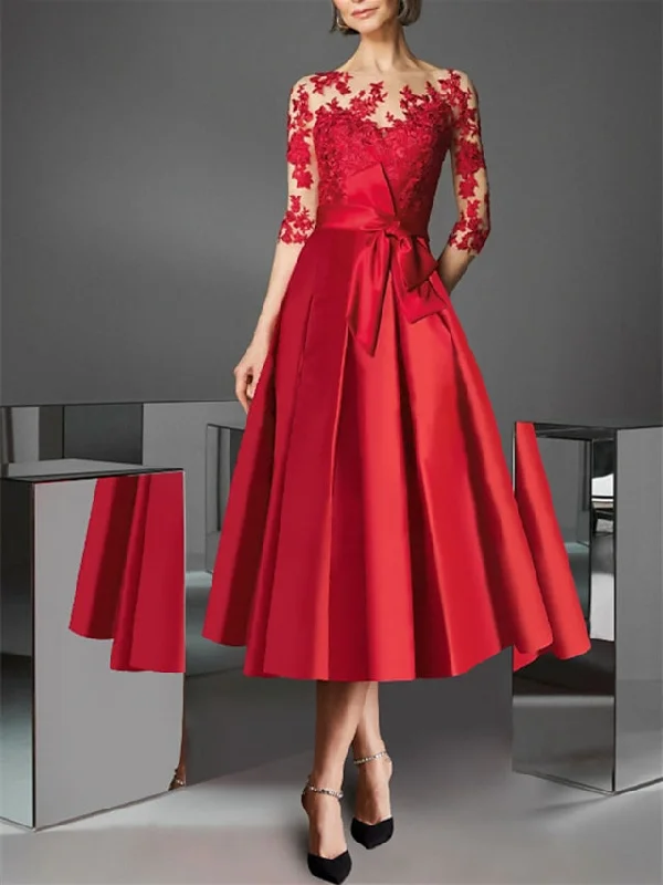 A-Line/Princess Illusion Neck Tea-Length Cocktail Dresses with Bowknot