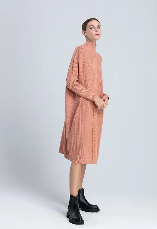 Choice Knit Interweave Diamond Pattern Winter Dress Apricot