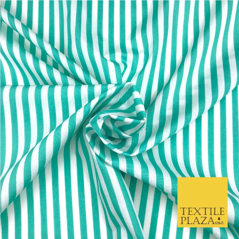 7mm Mint Green & White Stripe Poly Cotton Fabric Lines Dress Craft  - RB575