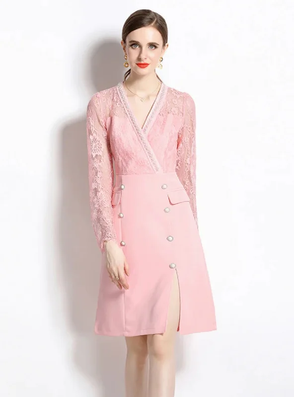 PINK V-NECK LACE DRESS with LONG SLEEVES
