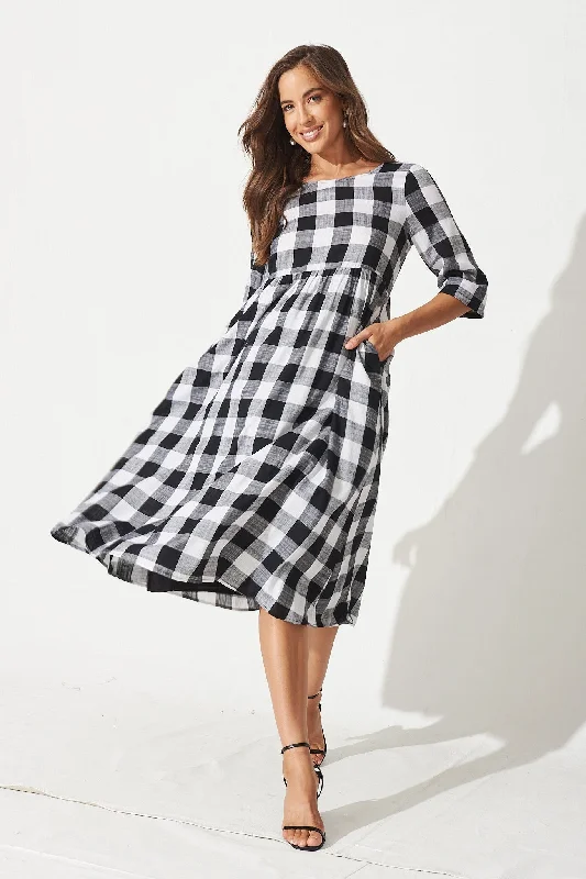 Zara Midi Smock Dress In Black With White Gingham