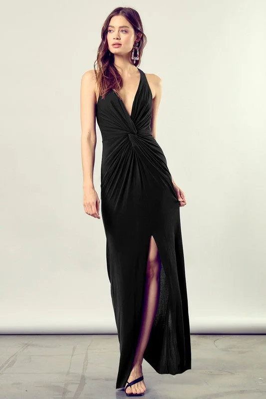 Gathered Front V-Neck Evening Dress With Leg Slit