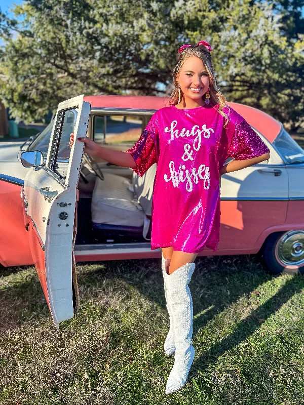 Hugs & Kisses Foil Knit Sequin Sleeve T Dress - Pink