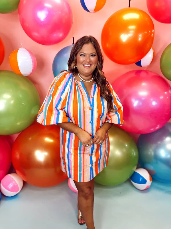 Orange Multi Stripe Cotton Poplin Gathered Round Neck Puff Sleeve Dress