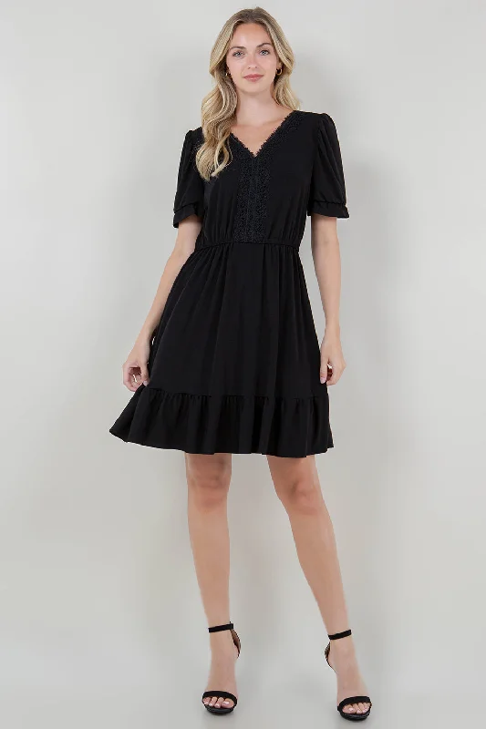 3/4 SLV RUFFLE HEM ELASTIC WAIST DRESS WITH LACE NECKLINE - D3090-ITY TOP