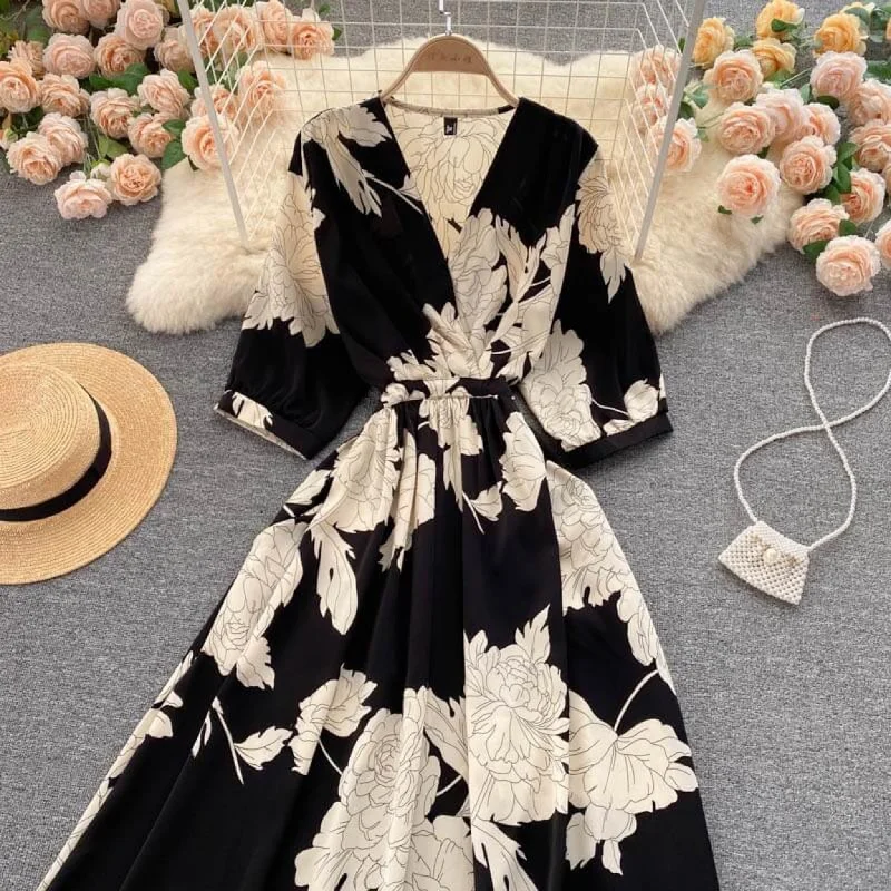 Ideal black Printed V Neck Summer dress