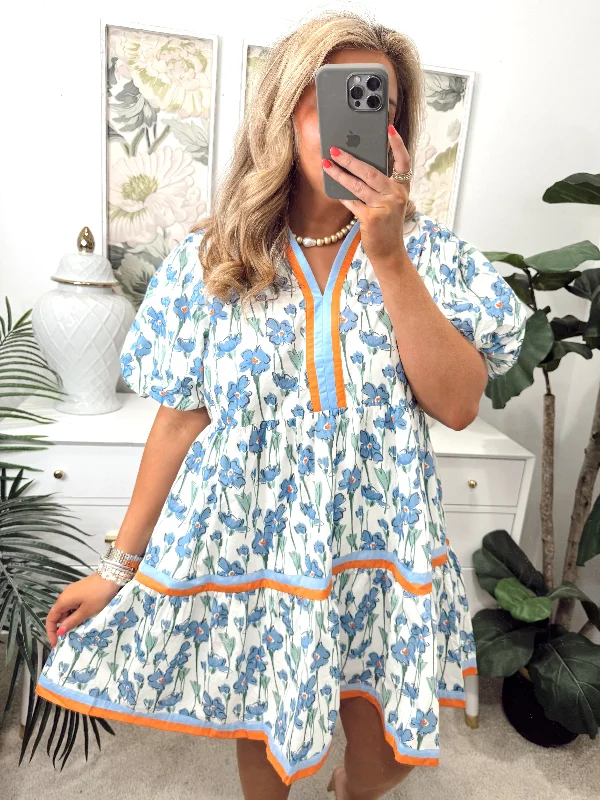 Entro Blue Tiered Floral Print Puff Sleeve Dress