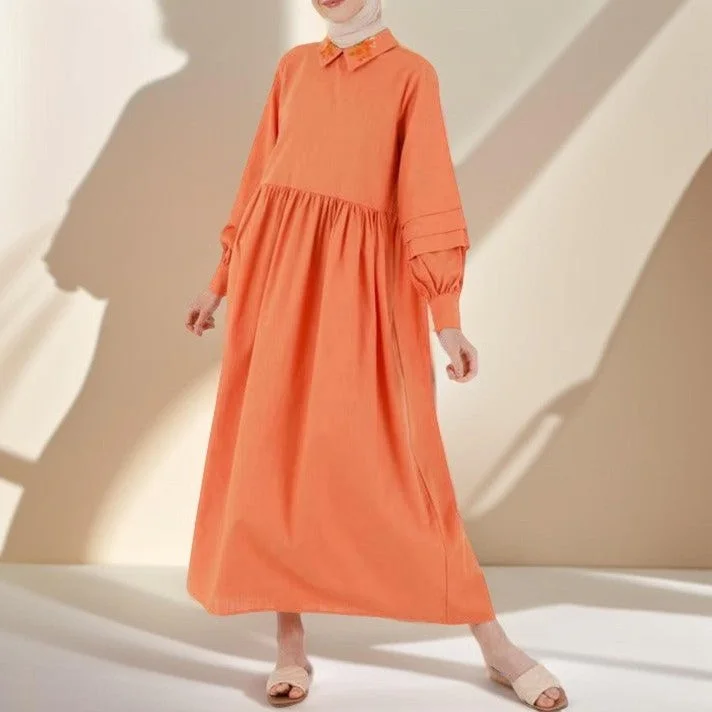 Embroidered collar lantern sleeve dress