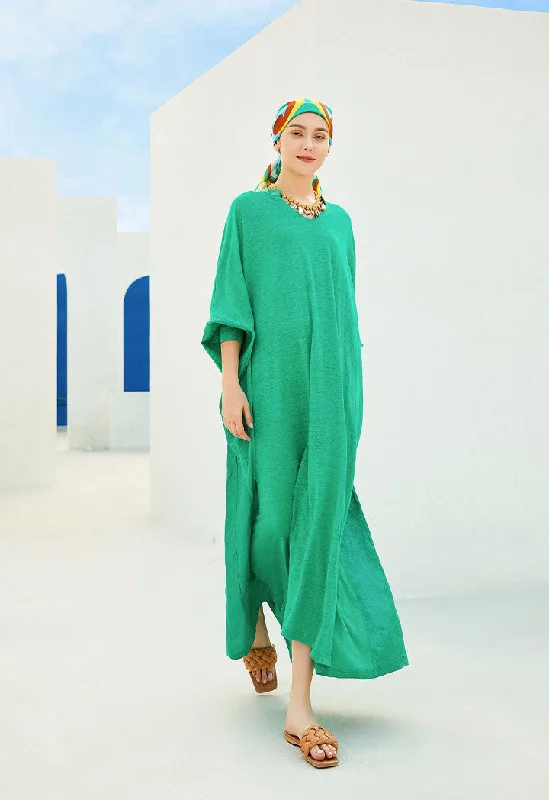 Choice Shiny Linen Slub Jersey Kaftan Dress (Free Size) Green