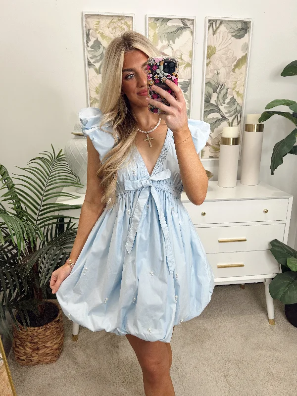 Light Blue Flutter Sleeve Pearl Detail Bubble Hem Dress