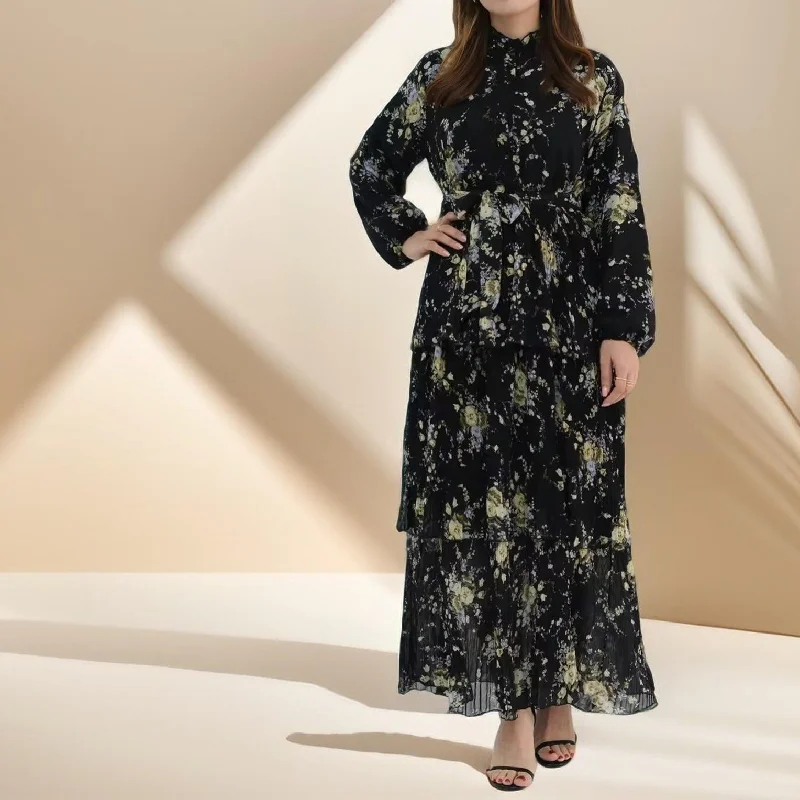 Blooming Breeze three-layer black chiffon dress