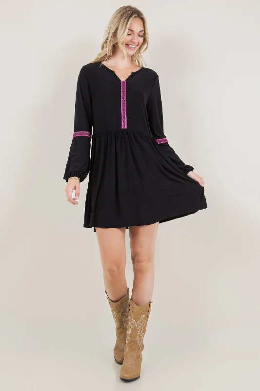 PUFF LS NOVELTY TRIM ALINE DRESS - D3498-ITY-BLK